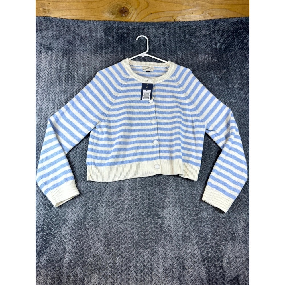Universal Thread Crop Cardigan Sweater Womens Medium Blue Striped Raglan Sleeve